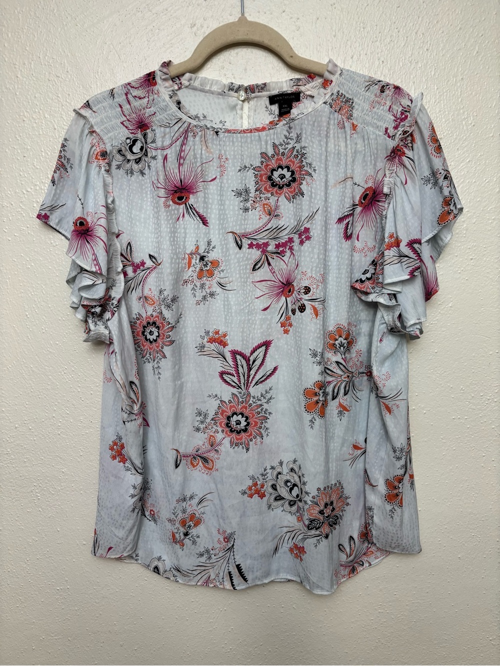 Charming Floral Ruffle Sleeve Top - Grey, Pink & Orange